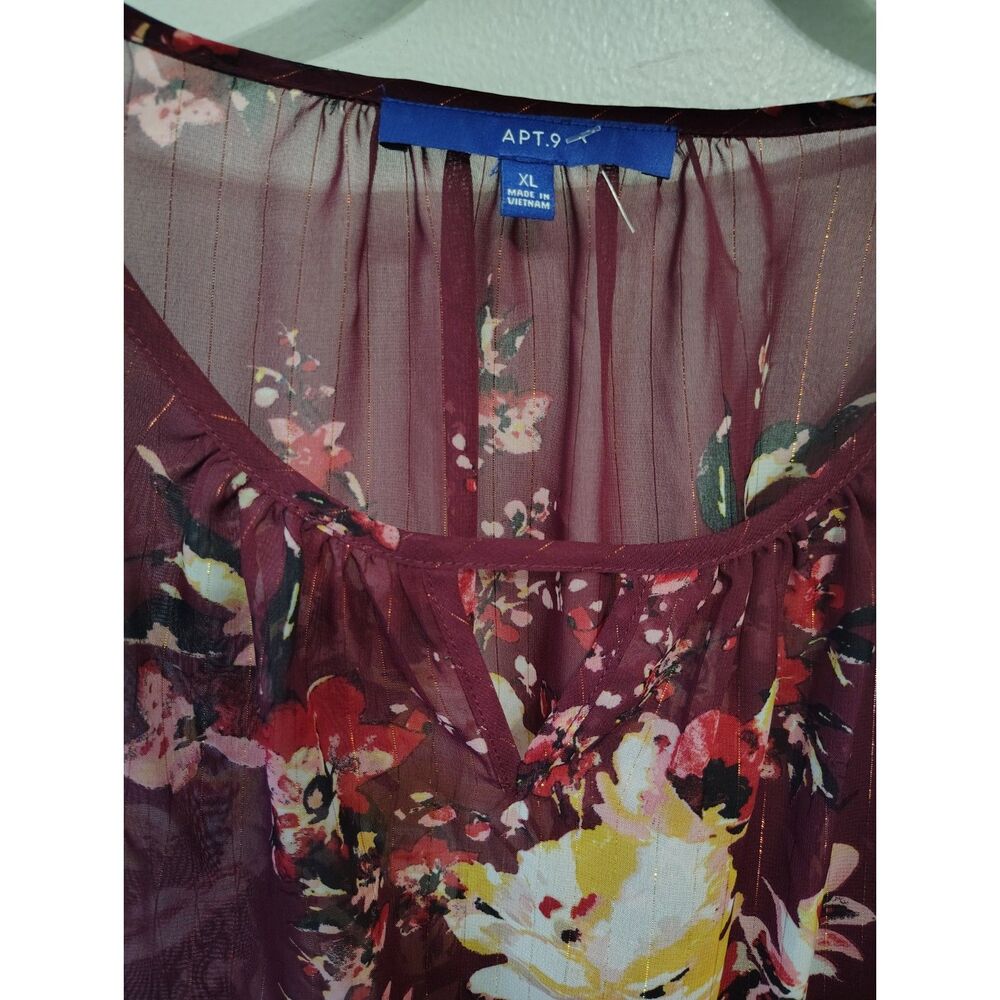 APT. 9 XL Burgundy Floral Sheer Blouse Bell Sleeve Split Neck Boho Career Top - Picture 6 of 6